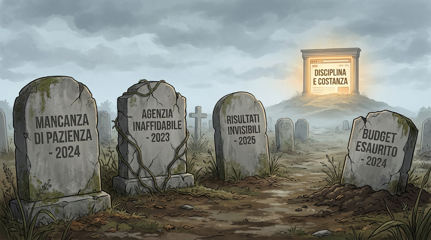 Cimitero di progetti SEO falliti per mancanza di pazienza, fiducia e disciplina