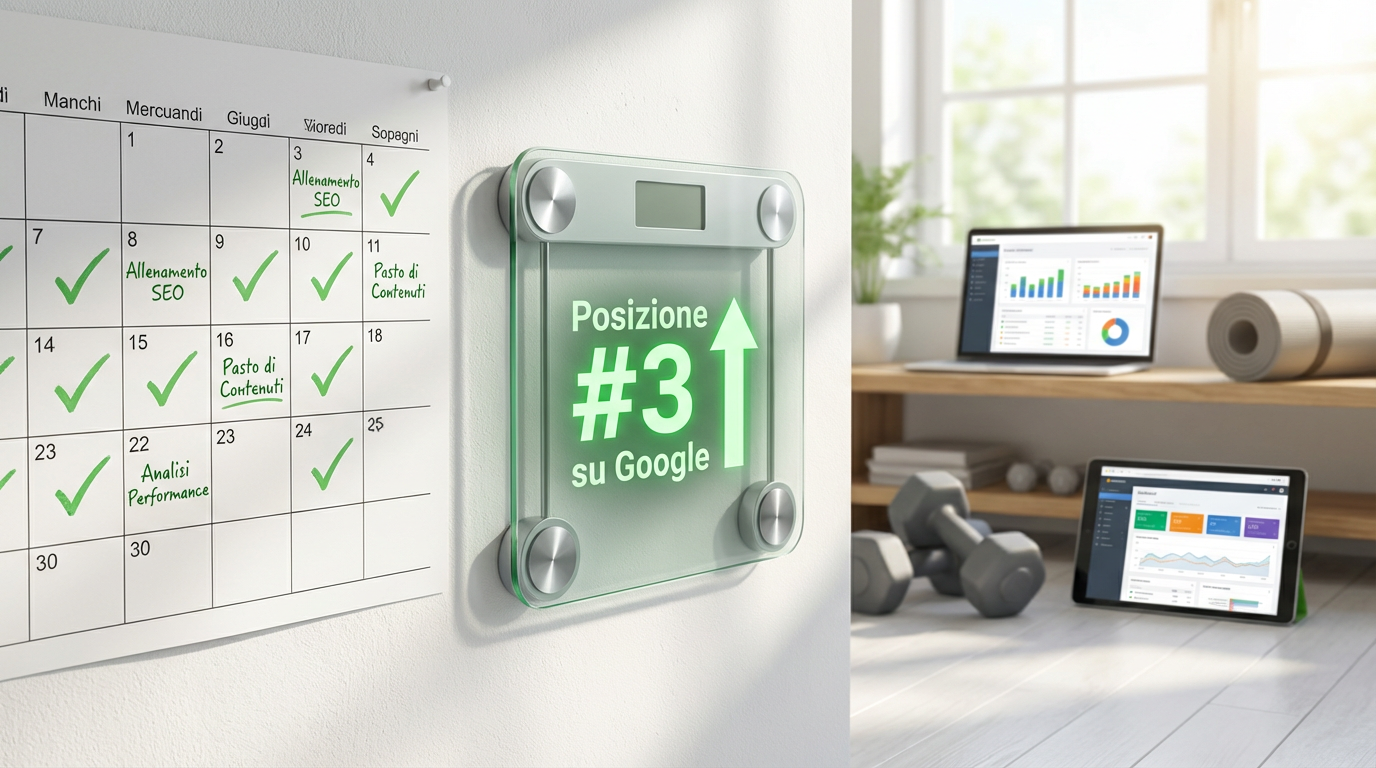 Calendario di allenamento SEO e bilancia che misura posizioni su Google