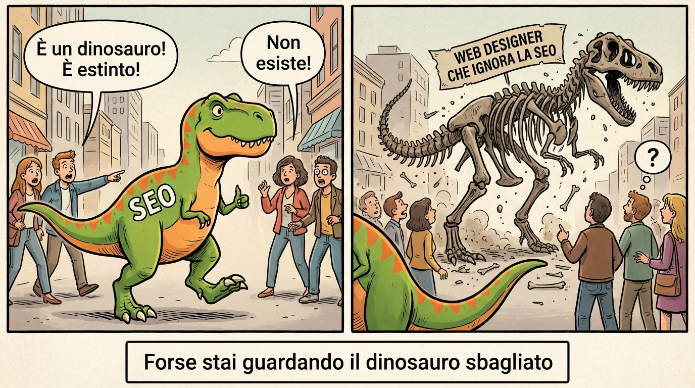 Vignetta ironica: non è la SEO a rischiare l'estinzione, ma chi la ignora