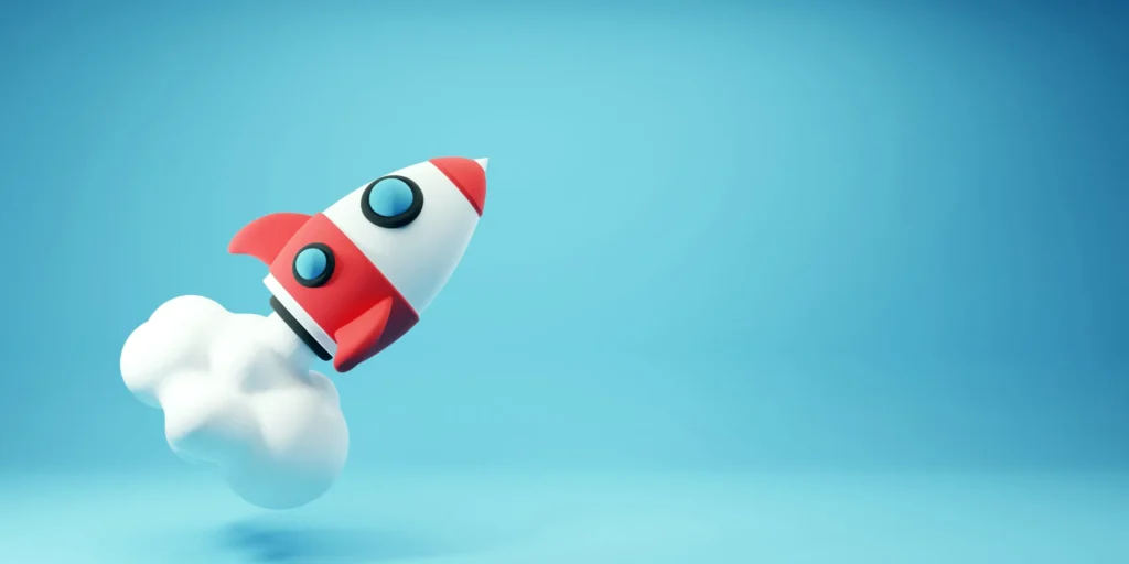 Un razzo rosso e bianco in 3D che decolla su fondo azzurro