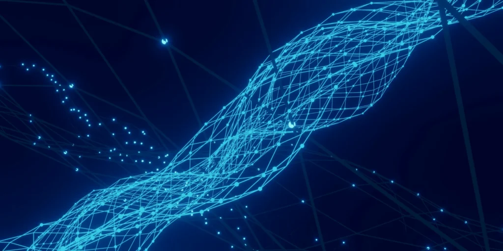Flusso astratto di particelle azzurre su fondo blu