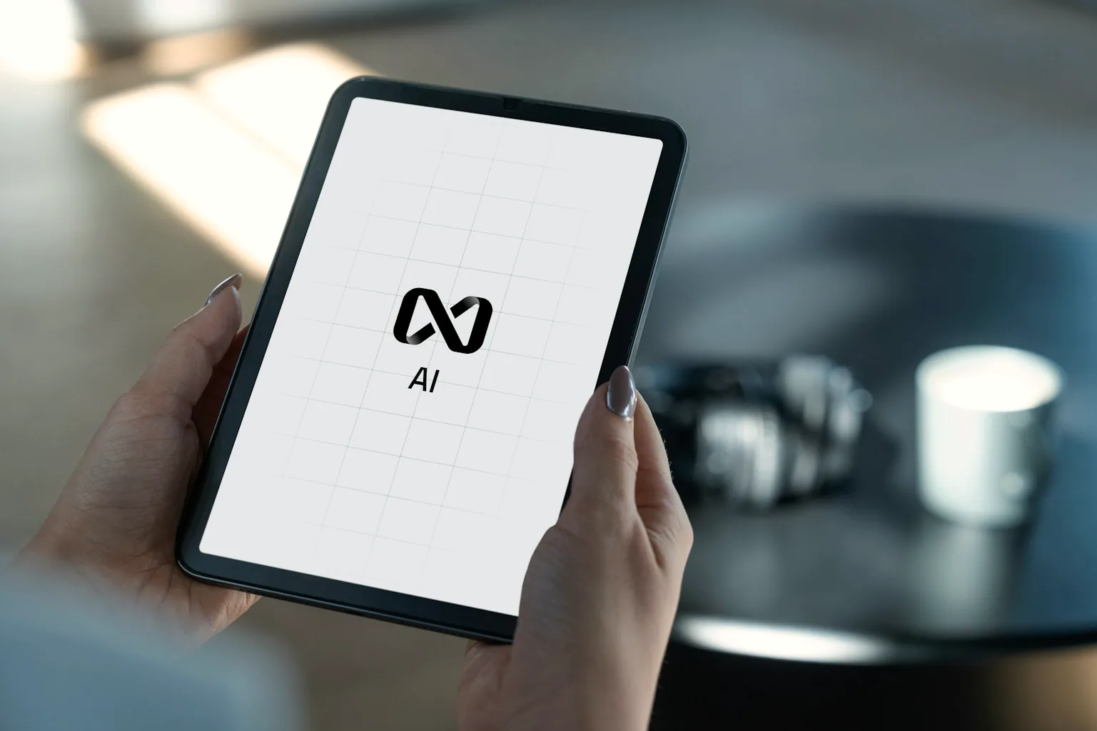 Due mani tengono un tablet con la scritta AI sullo schermo, su un tavolo con una tazza