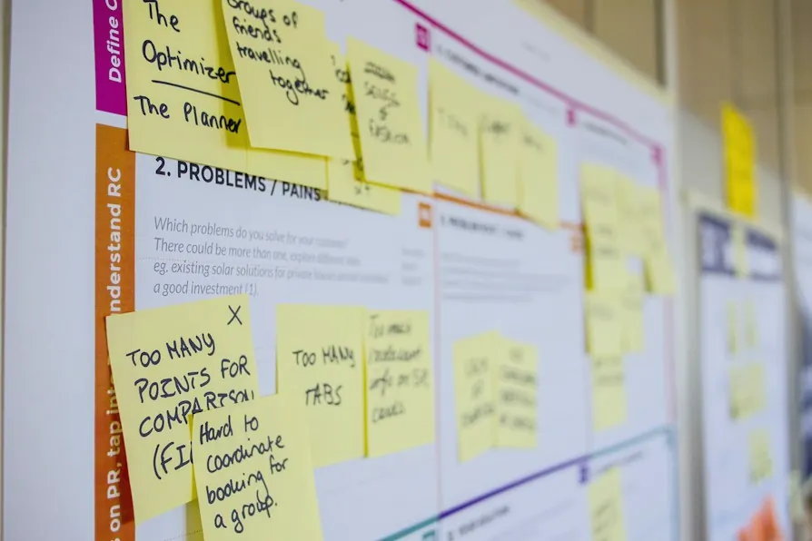 Una lavagna piena di post-it gialli con appunti scritti a mano su problemi e bisogni degli utenti