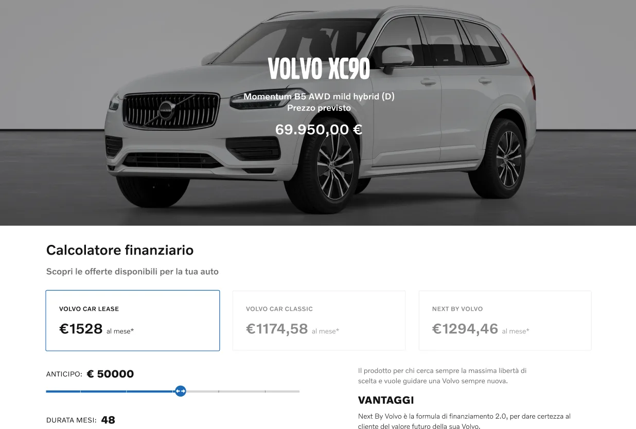 Il calcolatore finanziario Volvo con le tre offerte per la Volvo XC90