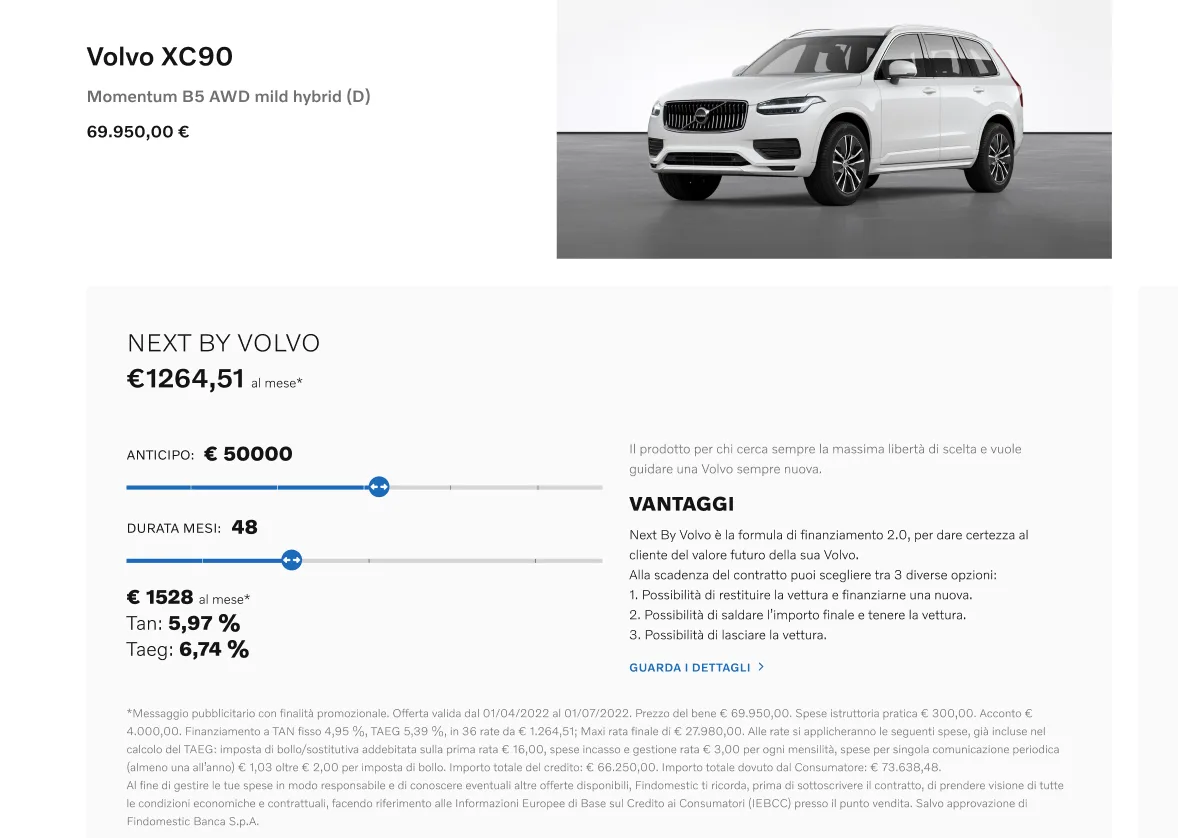 Il dettaglio della formula Next by Volvo con anticipo, durata e rata