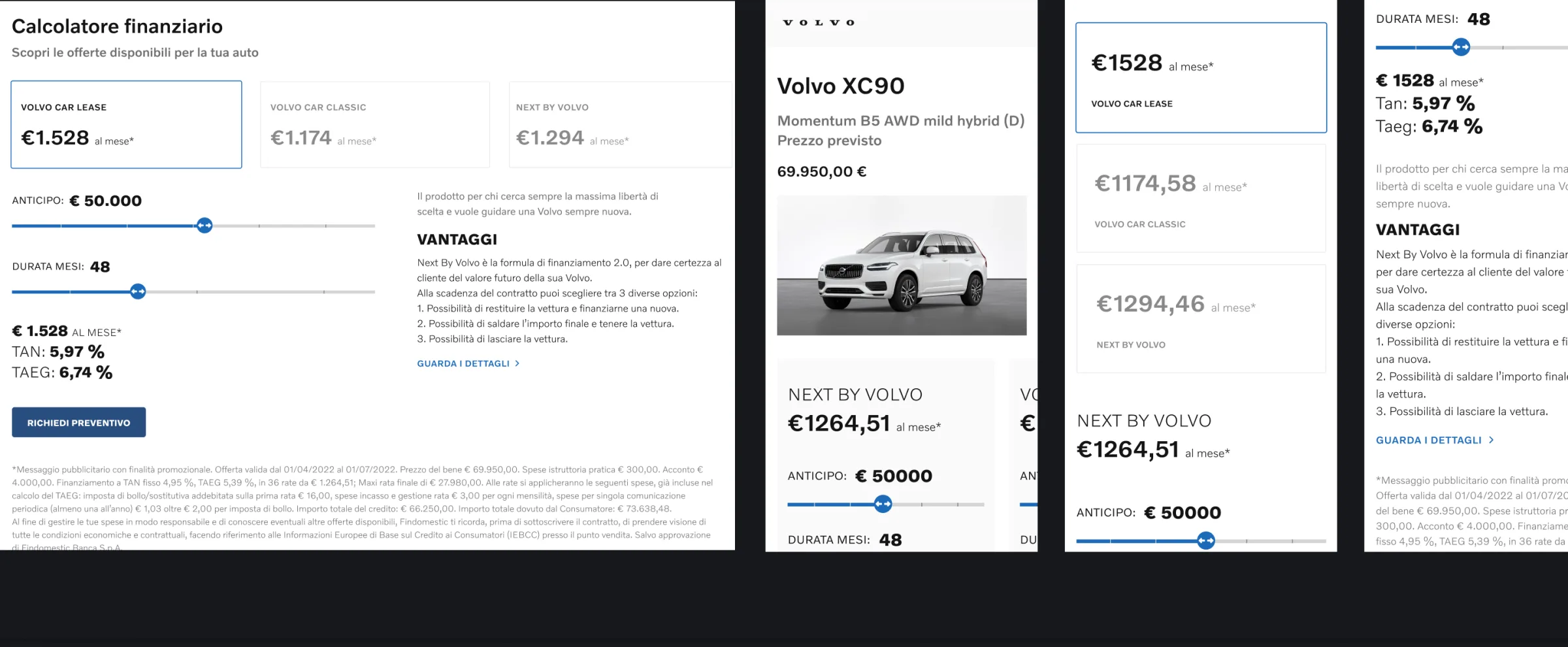 Schermate del calcolatore finanziario Volvo su desktop e mobile