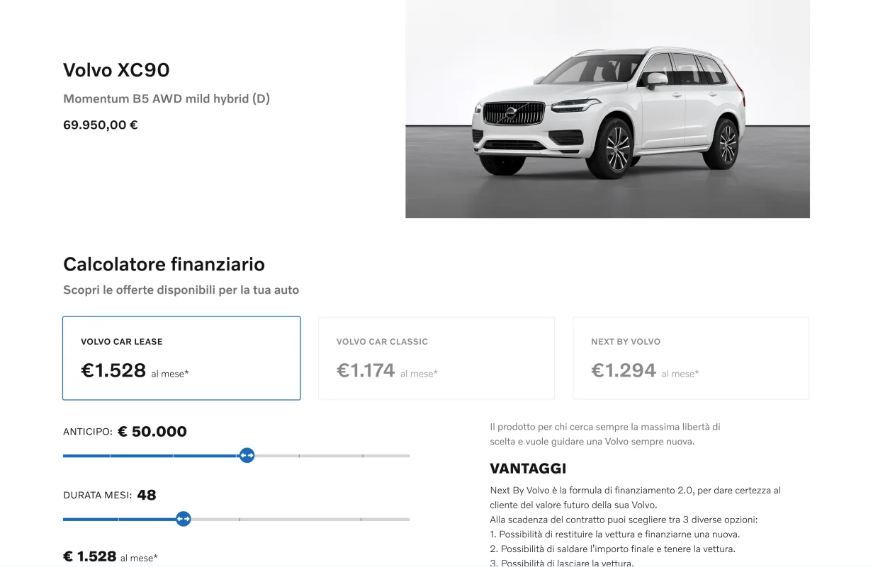 Il nuovo calcolatore finanziario Volvo su desktop e mobile